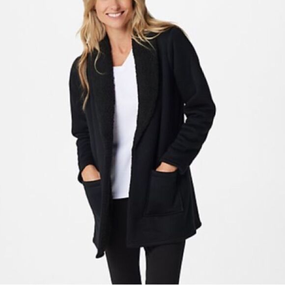 Denim & Co. Active Jersey Bonded w/ Sherpa Open Front Cardigan - Picture 1 of 3